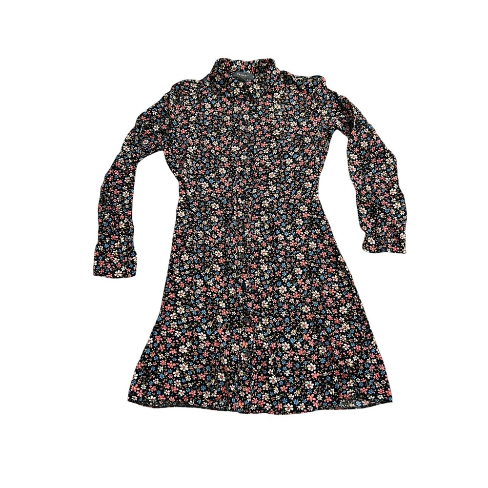 Primark Floral‎ Button Front Shirt Dress Womens 4 Black Long Sleeve Excellent